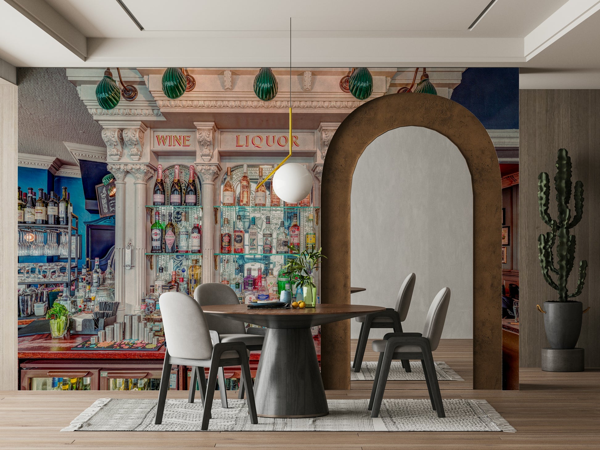 A stylish cocktail lounge mural on decorative wallpaper.

