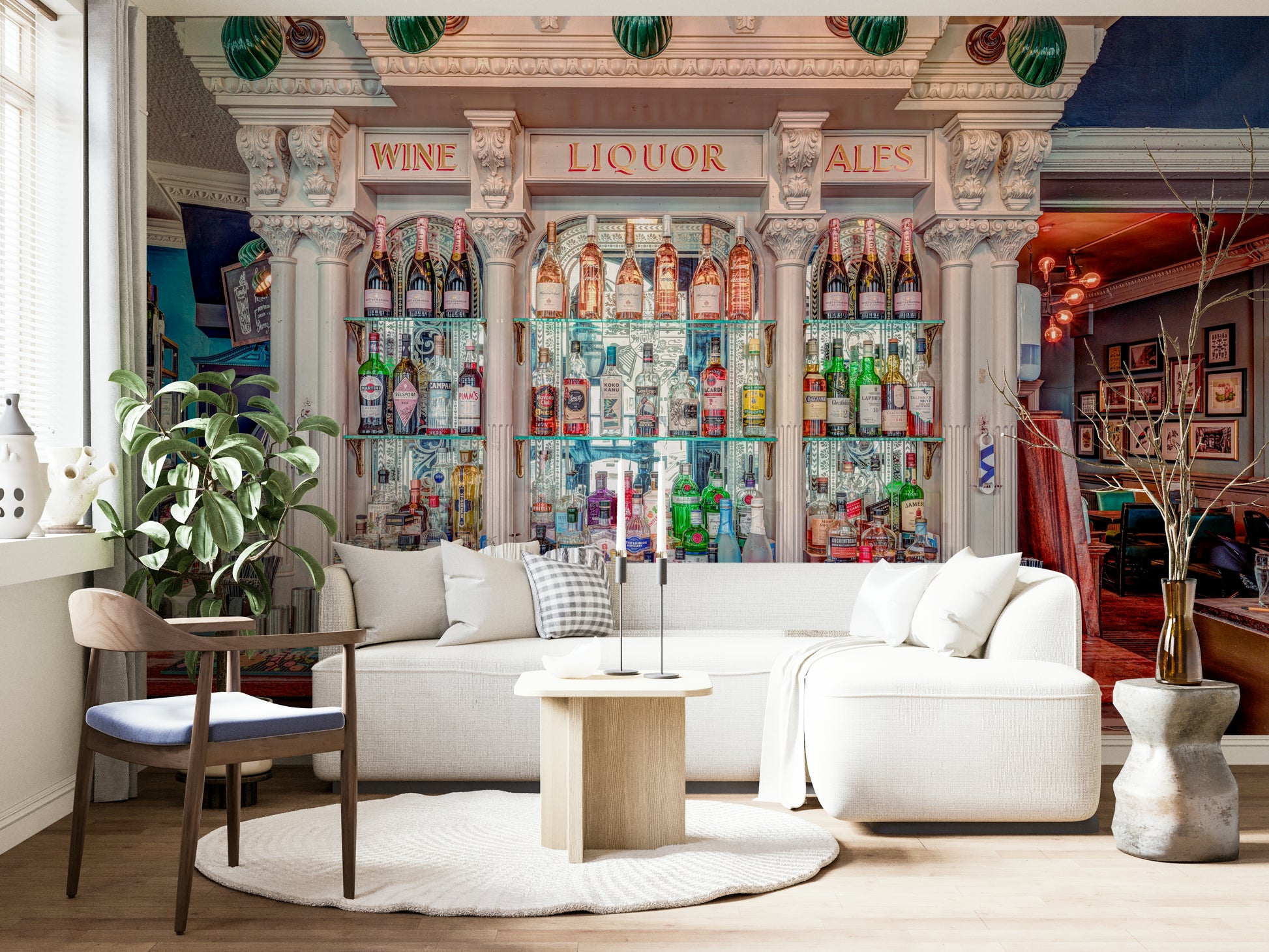 A beautiful elegant bar scene wallpaper mural.

