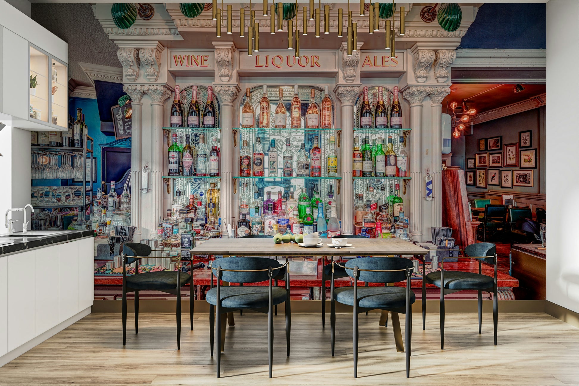 A contemporary bar scene mural on elegant wallpaper.

