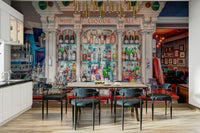 A contemporary bar scene mural on elegant wallpaper.

