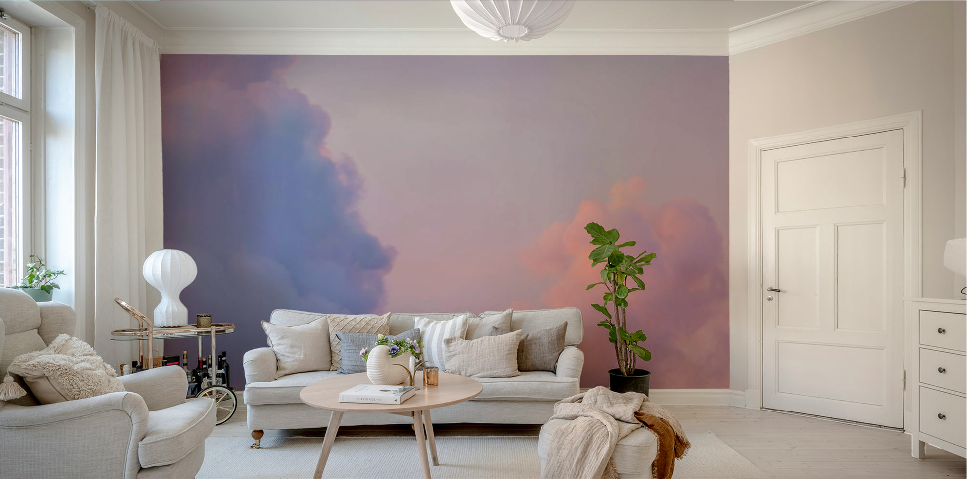 A whimsical cloud formation mural for stylish wallpaper.

