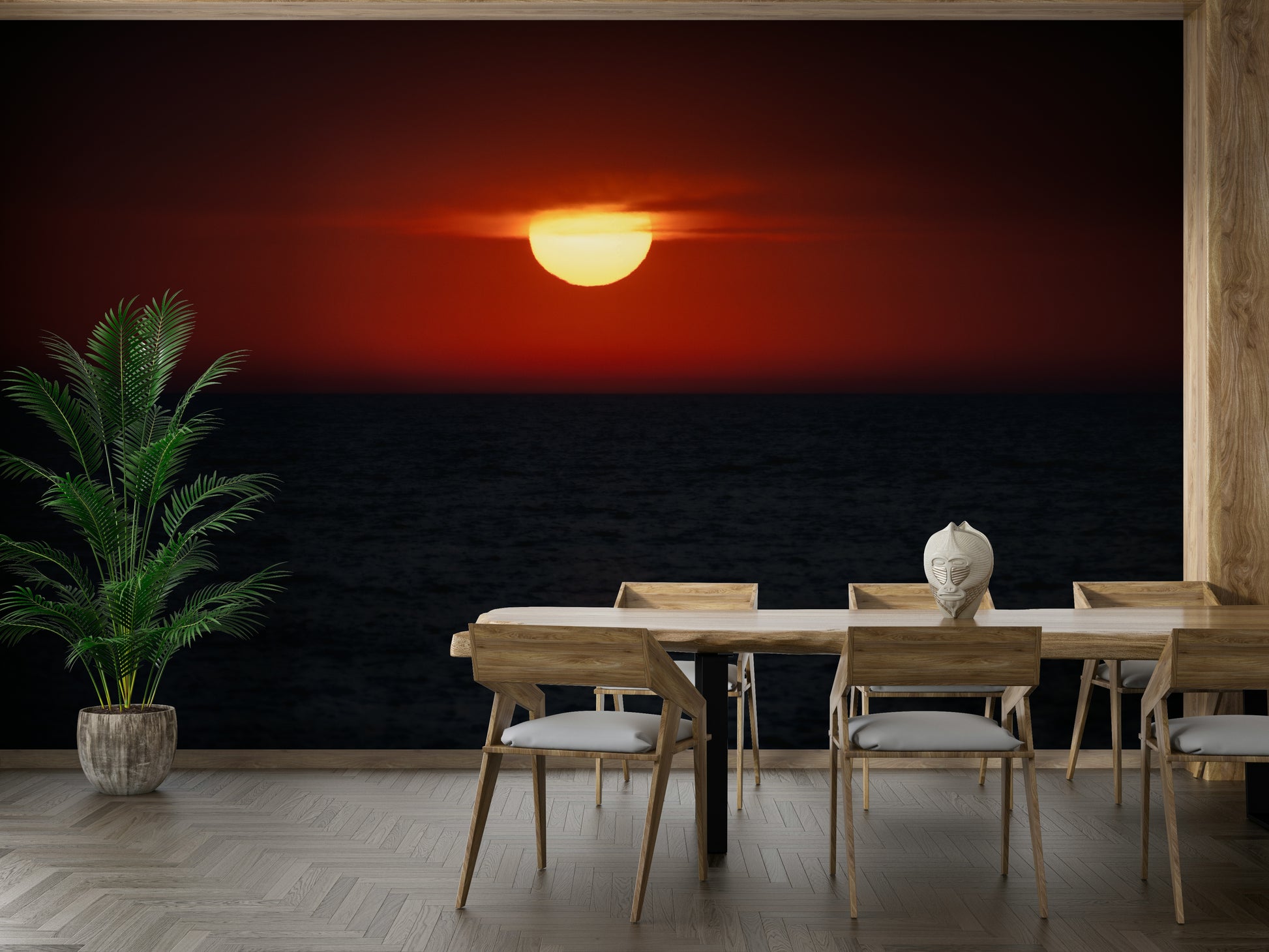A contemplative seascape wall mural in warm tones.

