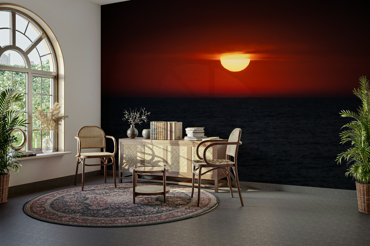 A soft sunset silhouette wallpaper mural design.

