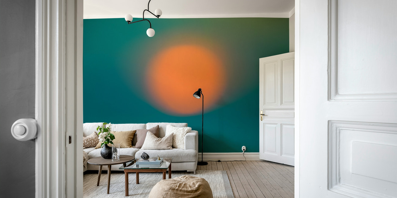 A beautiful abstract orange sun wallpaper mural for a serene room.

