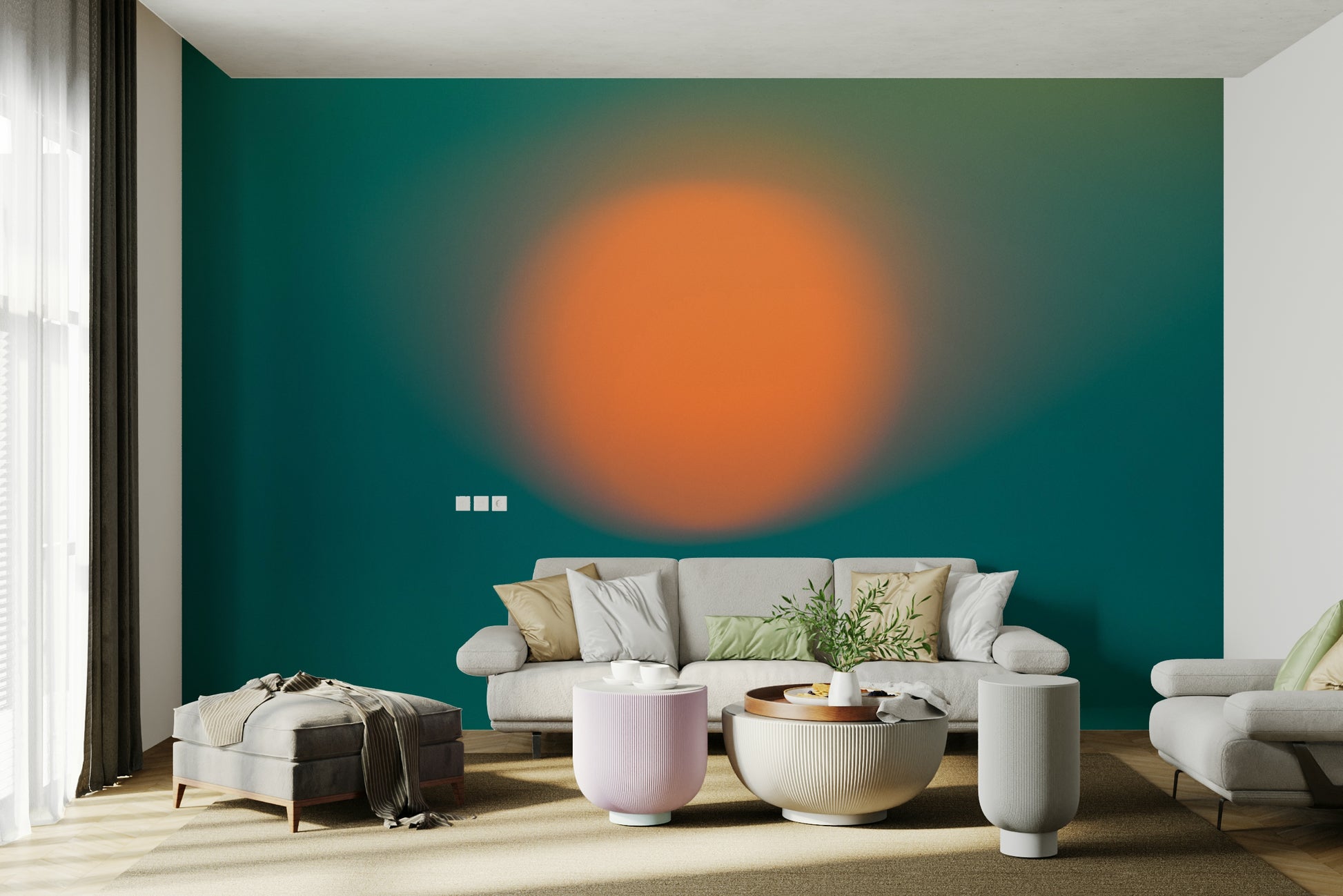 A blurred circular sun wall mural against a vibrant teal sky.

