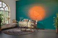 An artistic abstract sun mural on minimalist wallpaper.

