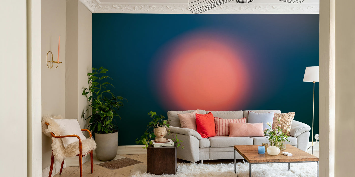 A blurred orange sun wall mural for contemplative decor.


