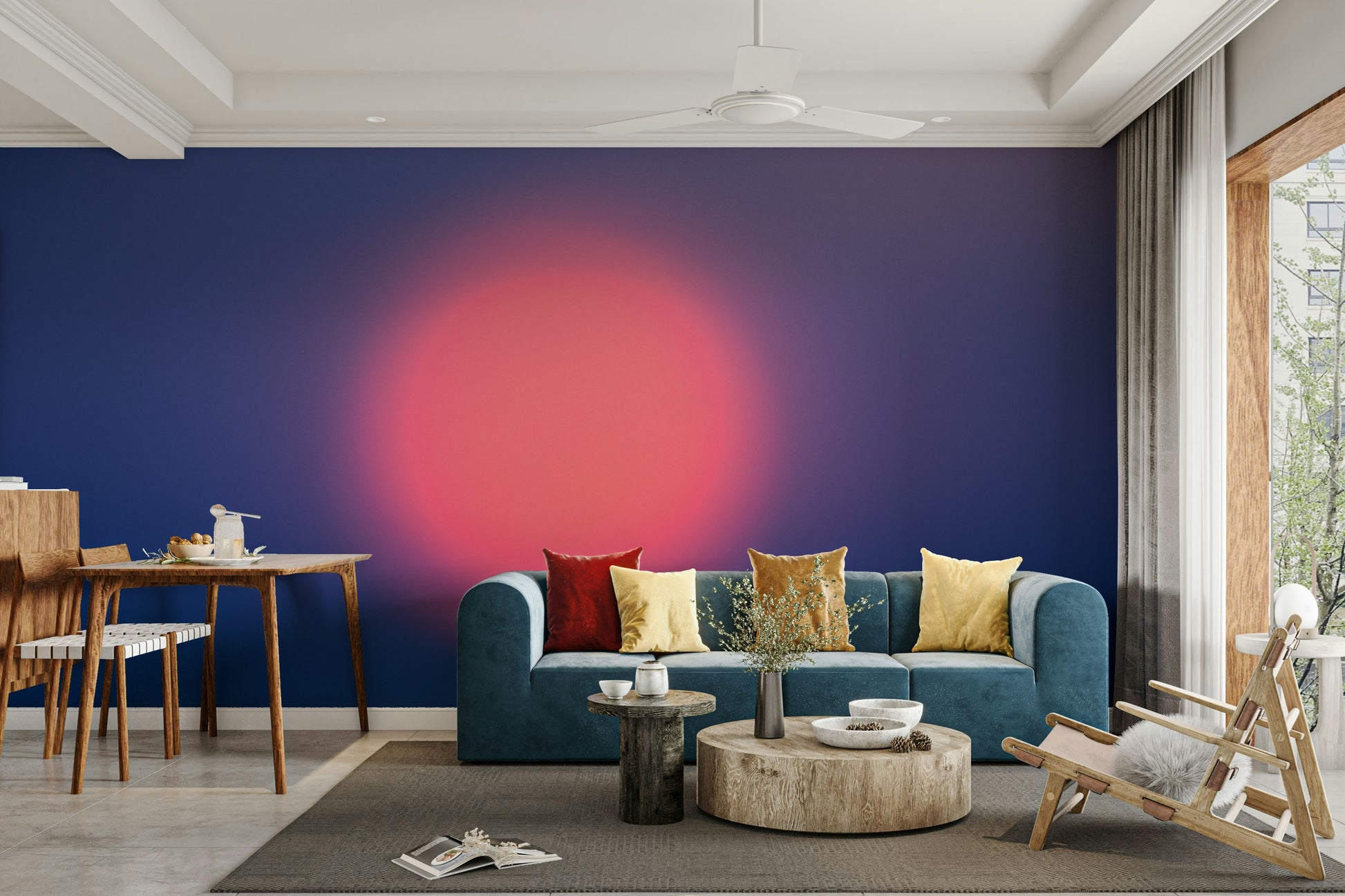 A graceful subtle light wall mural in soft tones.

