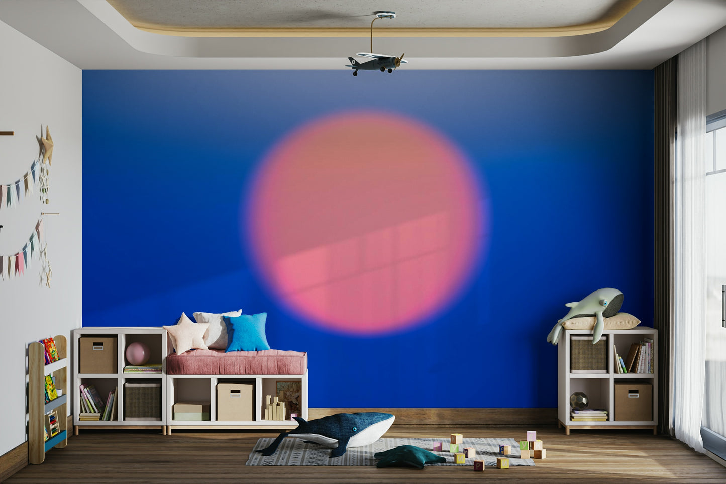 A romantic abstract sunset mural on decorative wallpaper.

