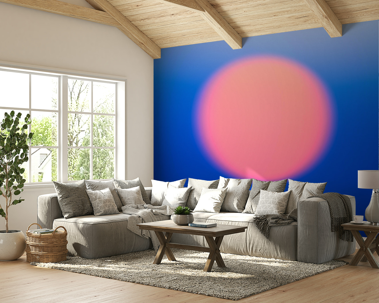 A beautiful abstract sunset wallpaper mural with soft colors.

