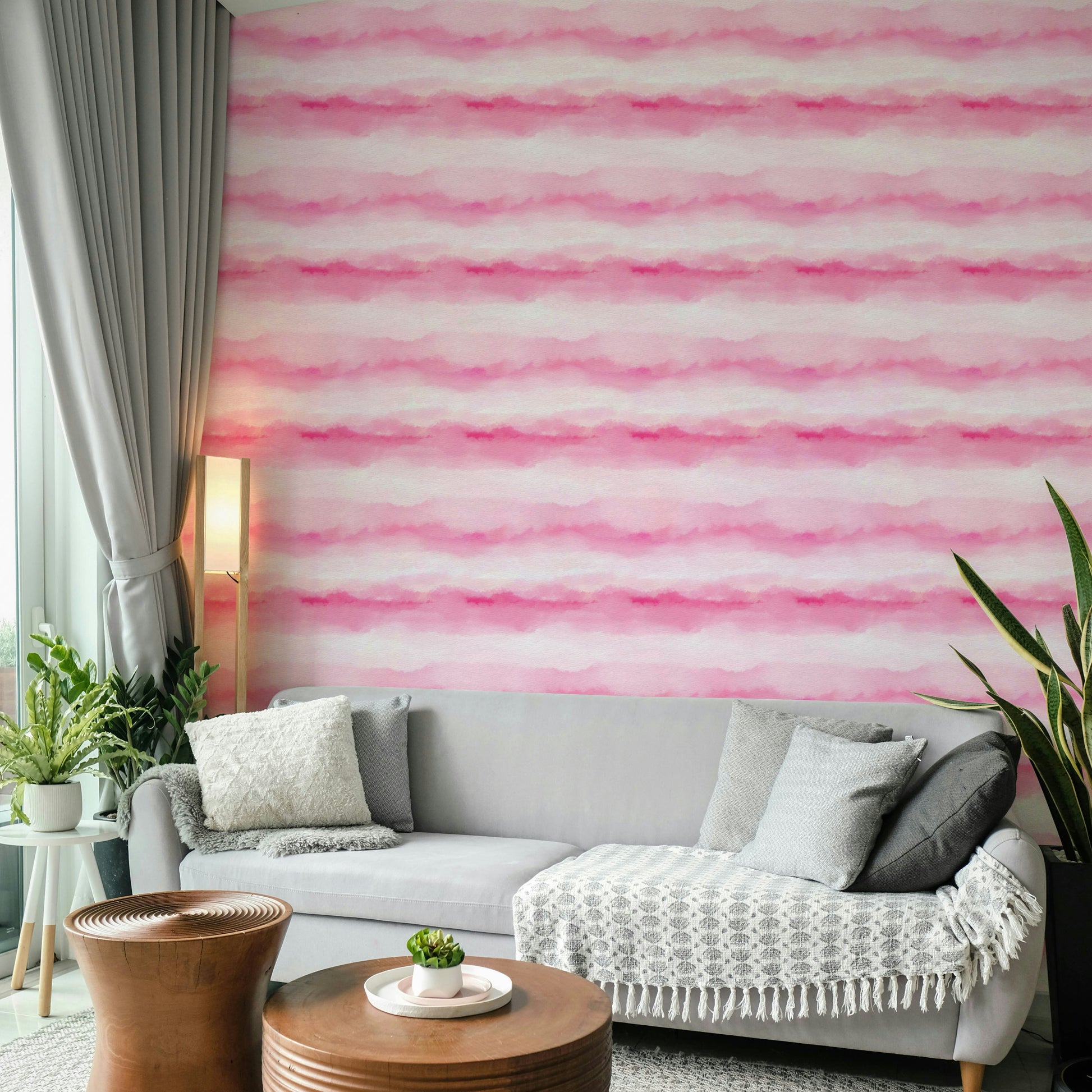A gentle abstract watercolor mural in a living room.

