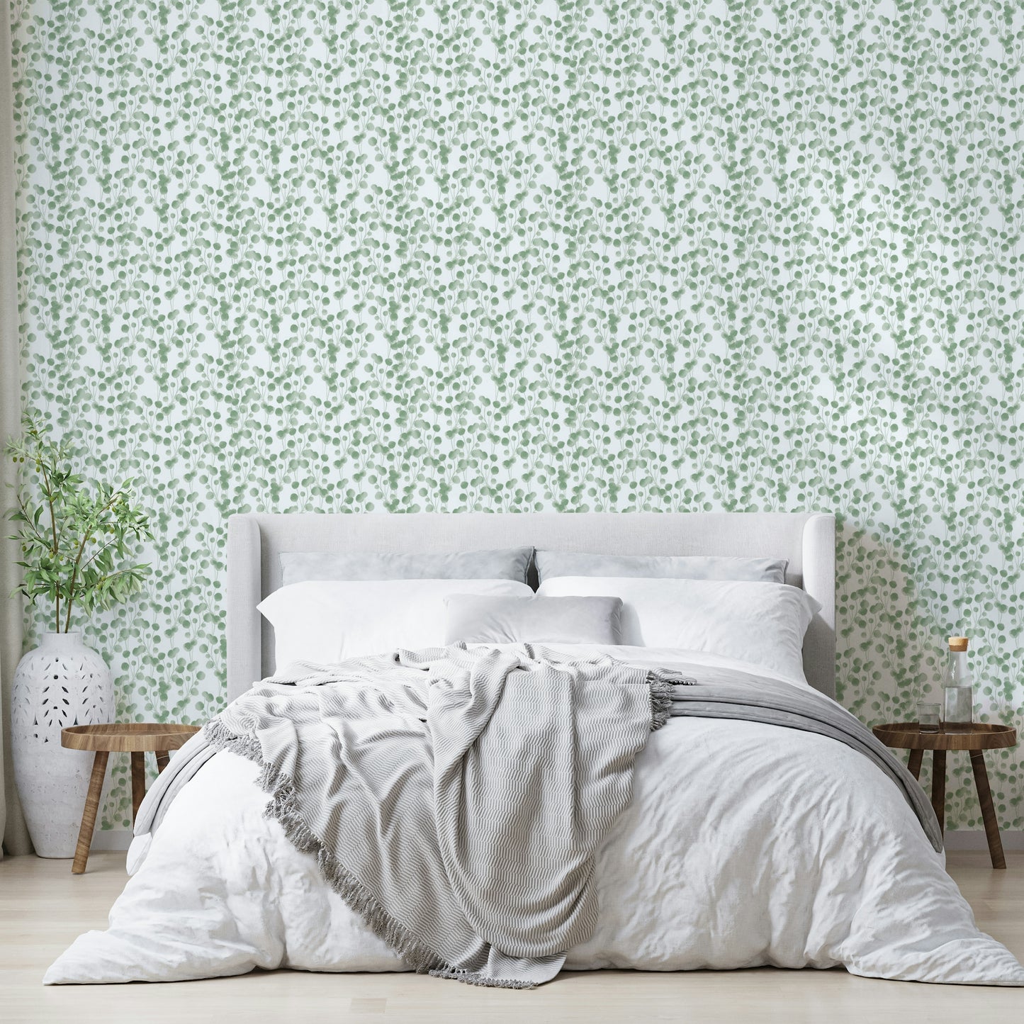 A serene botanical wall mural for a bedroom.


