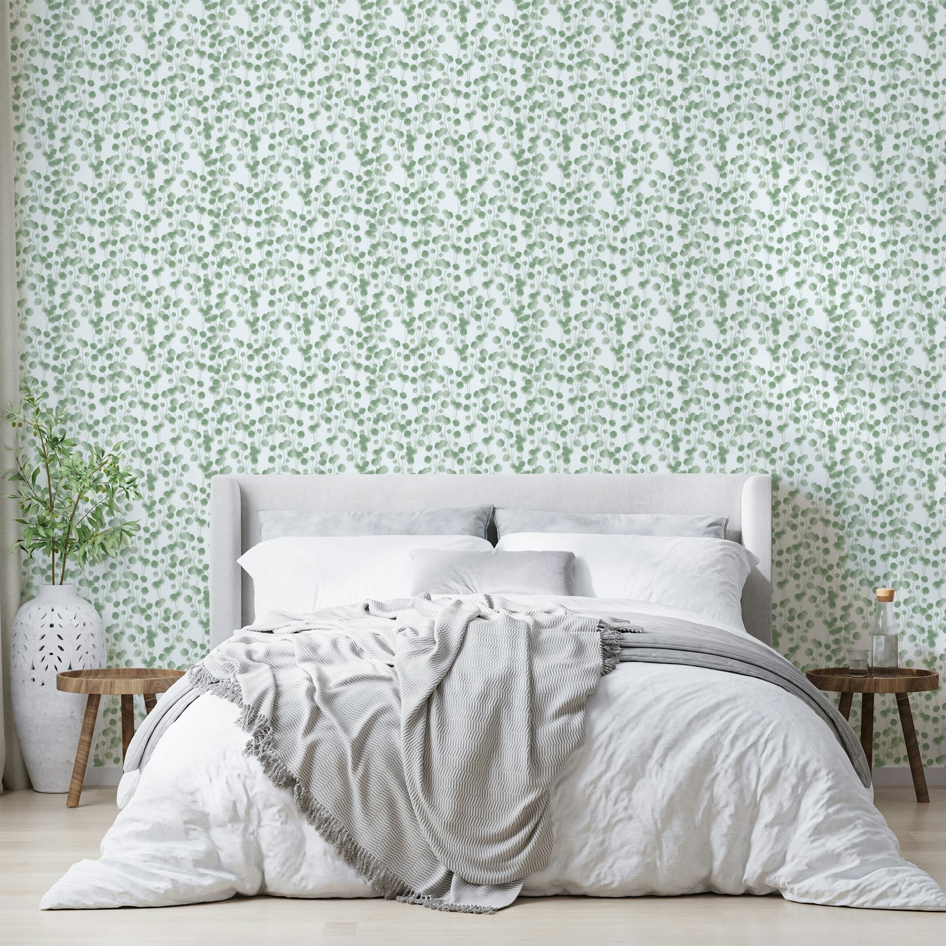 A serene botanical wall mural for a bedroom.

