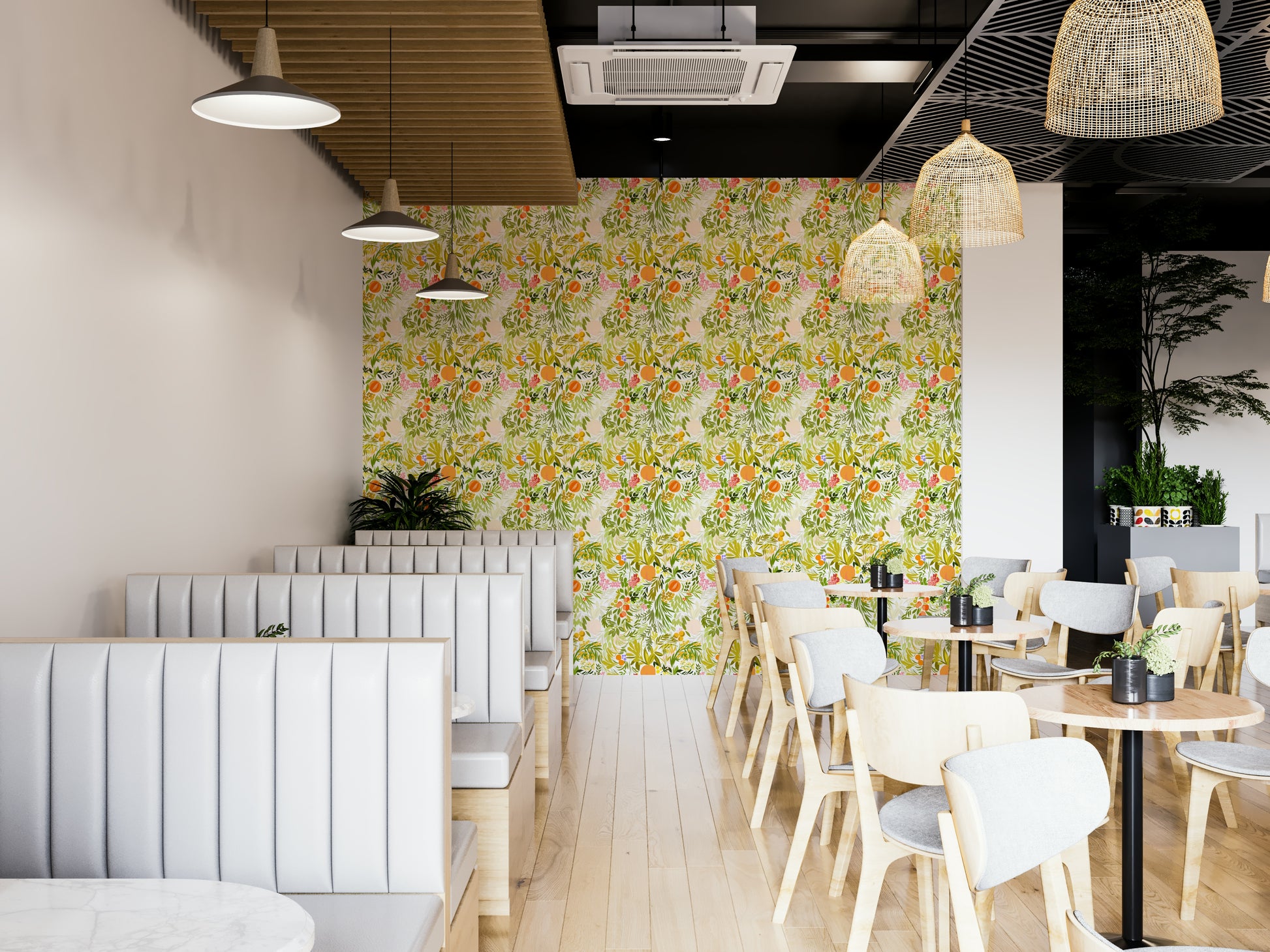 The wallpaper is used to create a feature wall in a dining room.

