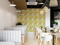 The wallpaper is used to create a feature wall in a dining room.


