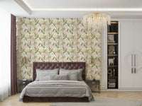 The wallpaper is used as a feature wall in a bedroom.

