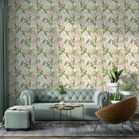 A minimalist interior with the floral-themed wallpaper.

