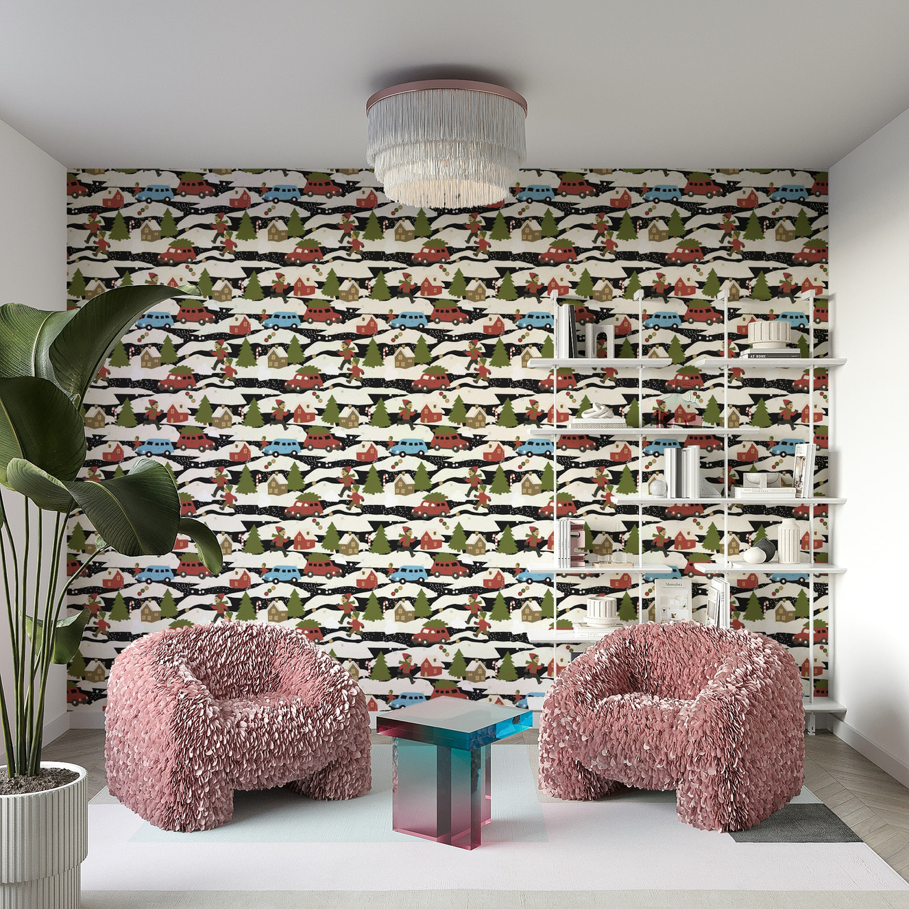 A beautiful serene scene of a snowy town with festive lights.

