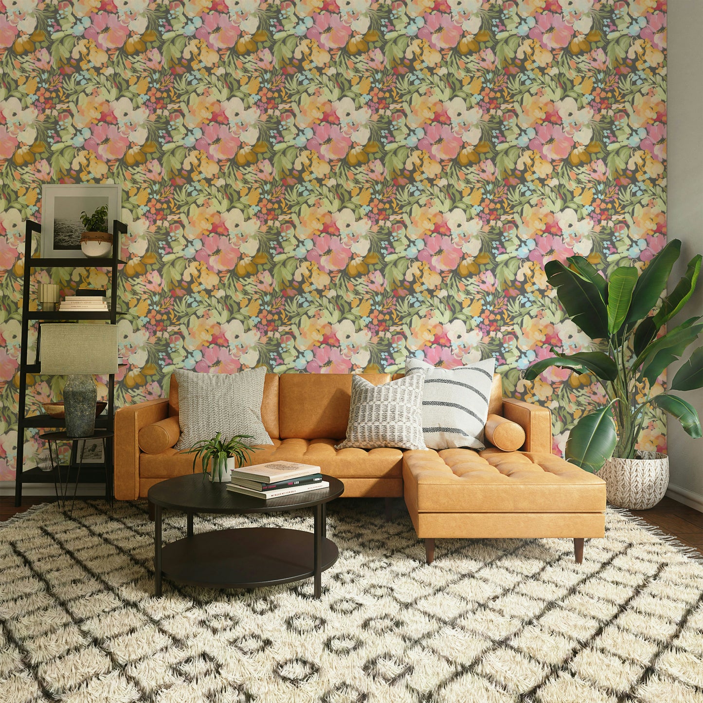 A minimalist interior with the floral-themed wallpaper.

