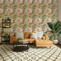 A minimalist interior with the floral-themed wallpaper.

