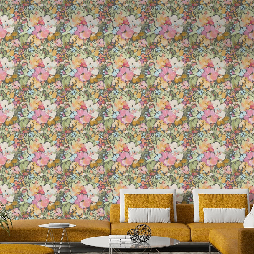 The peel and stick wallpaper showing realistic flower textures.

