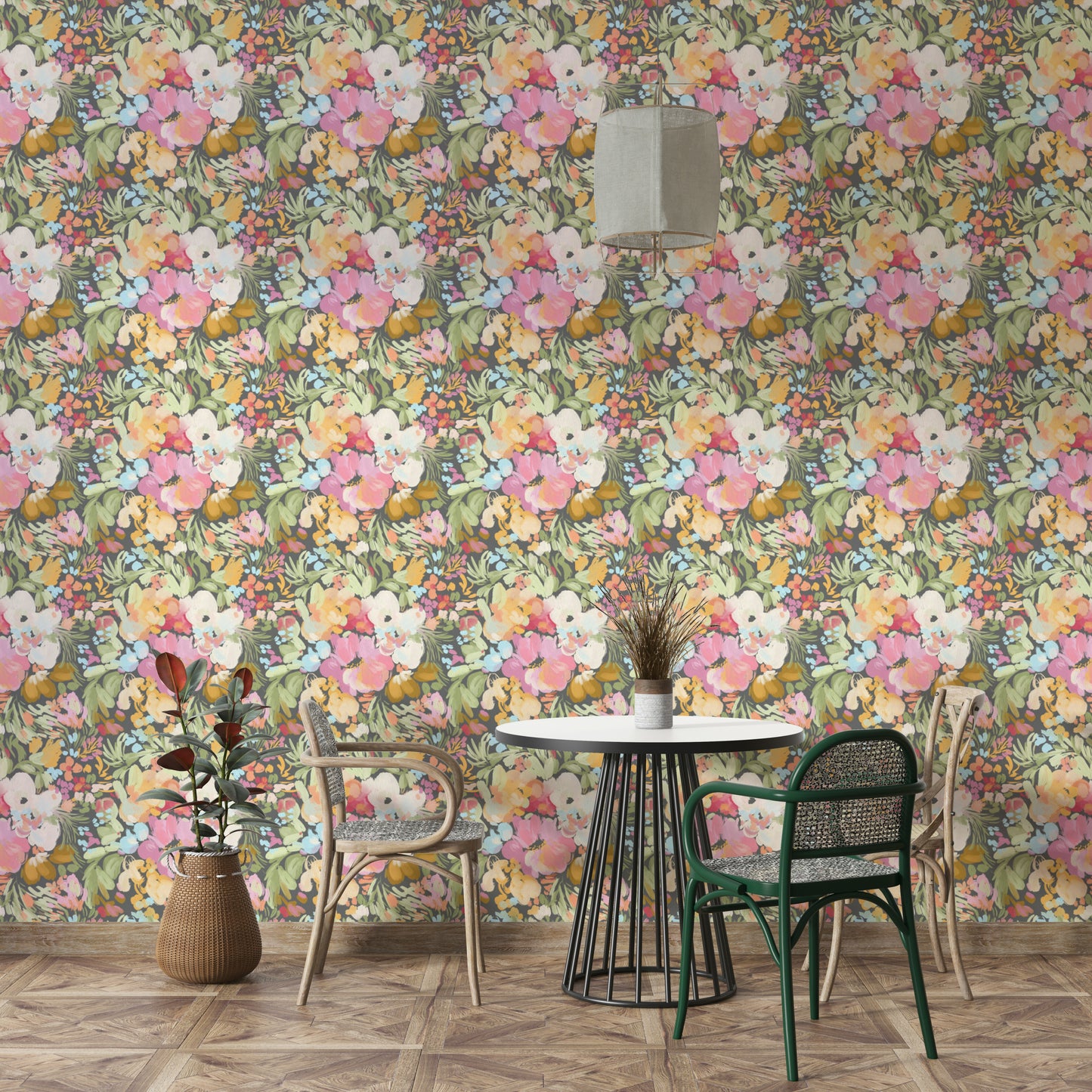 The wallpaper is used as a feature wall in a bedroom.

