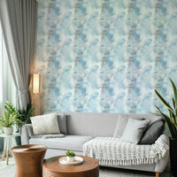 A minimalist interior with the ocean-themed wallpaper.

