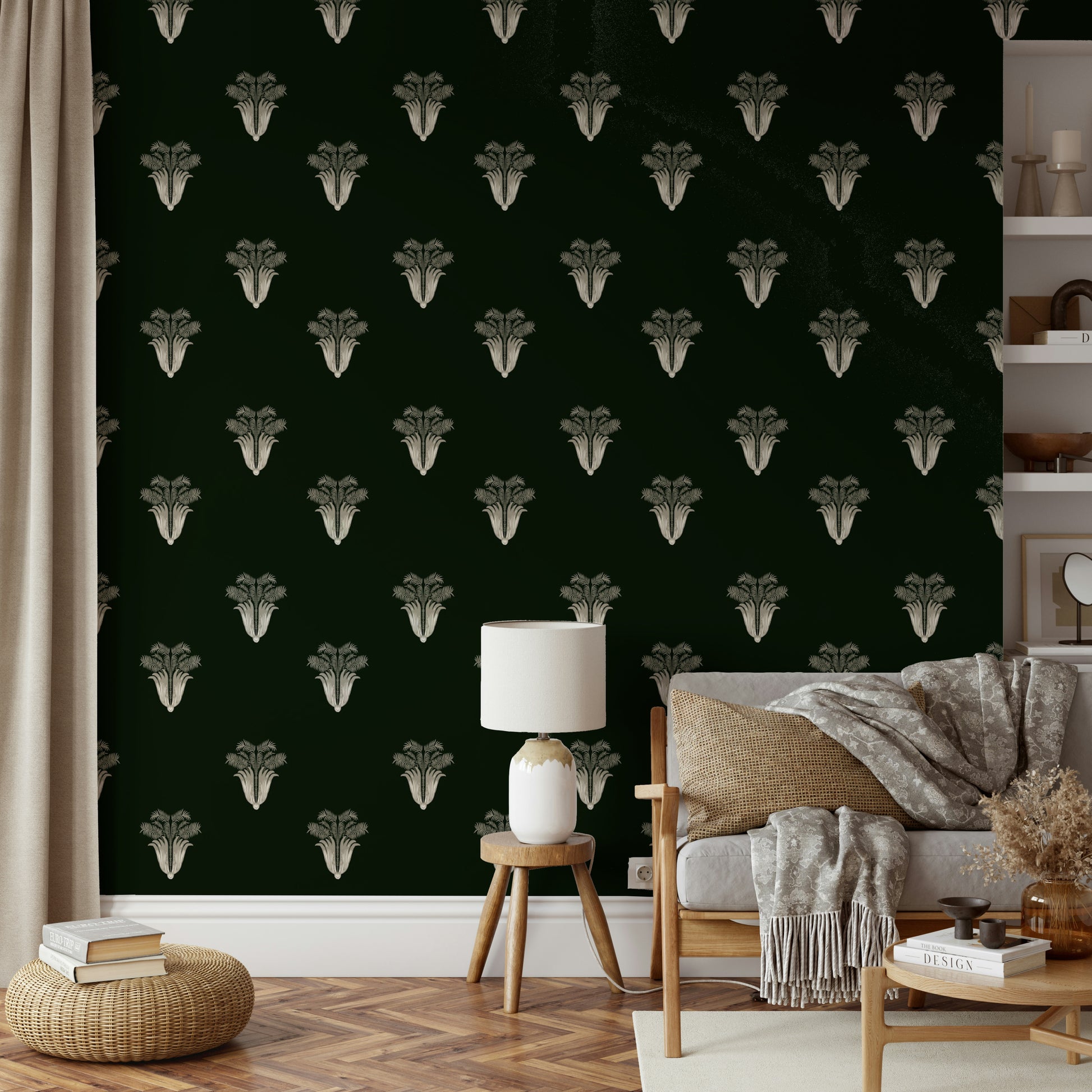 A beautiful dark botanical wallpaper mural for a modern home.

