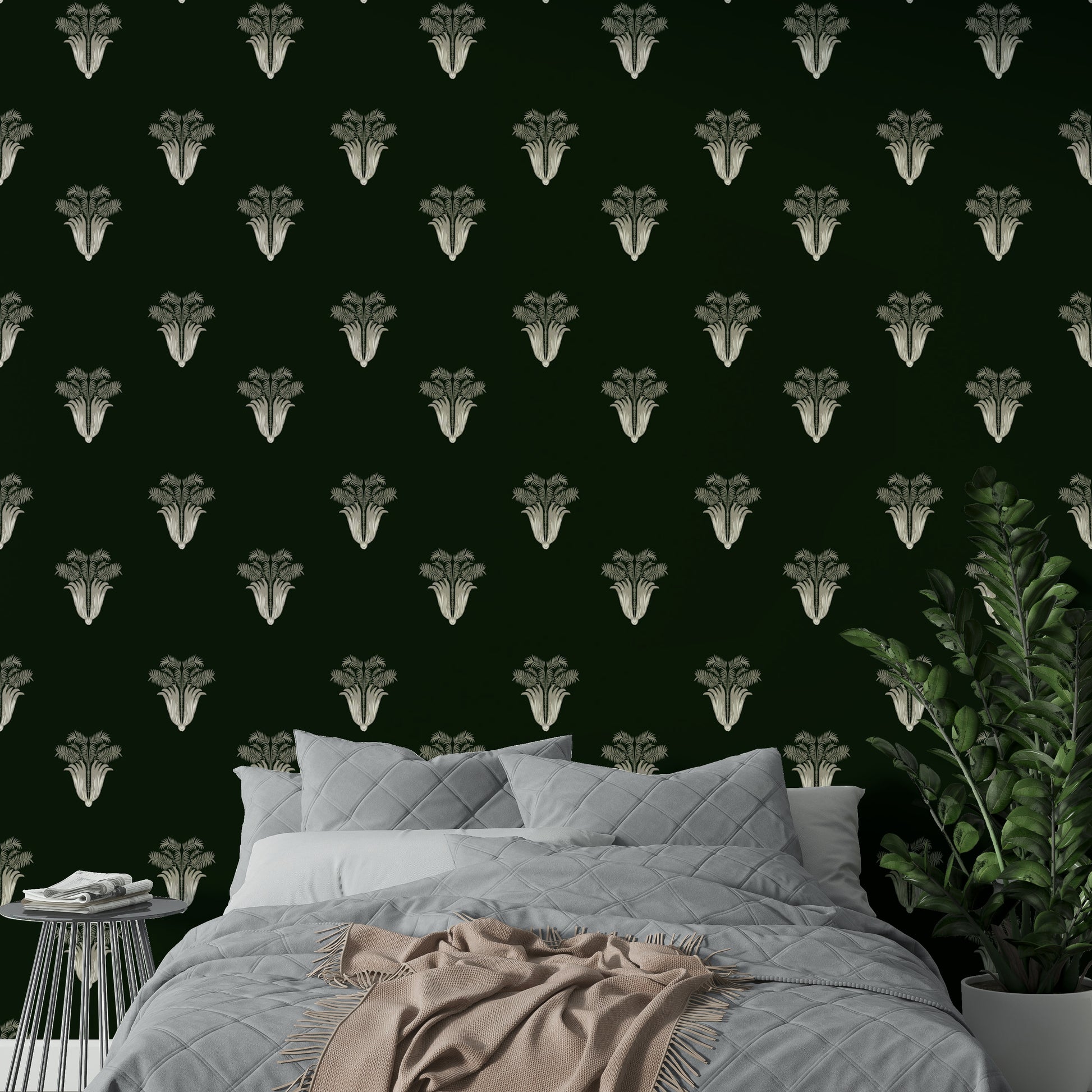 A graceful tropical leaf wall mural in rich, dark tones.

