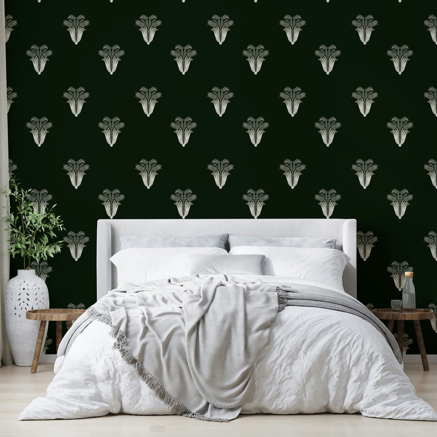 A calming foliage design wallpaper mural that defines a space.

