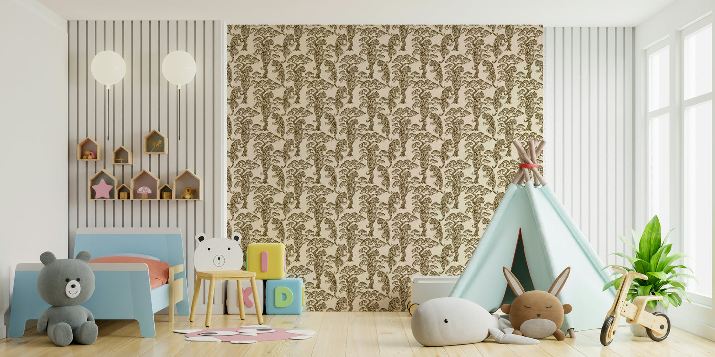 A peaceful tropical jungle mural on decorative wallpaper.

