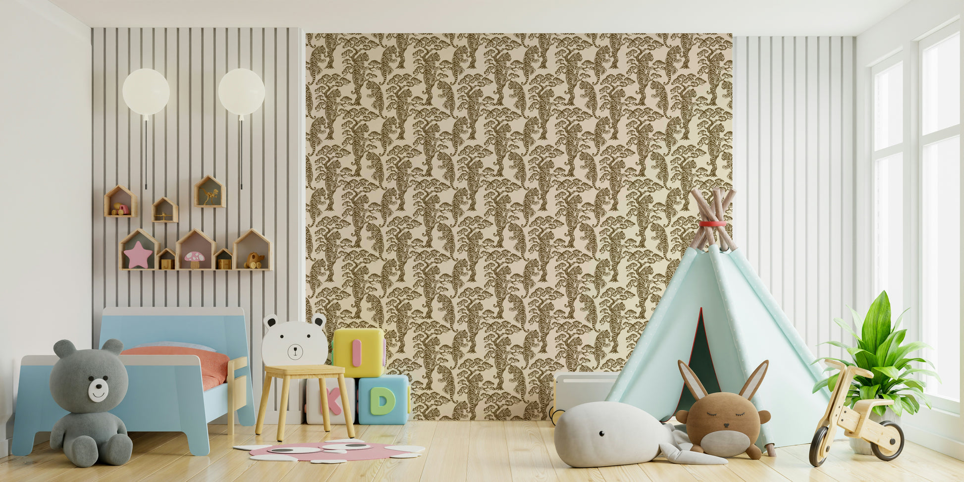 A peaceful tropical jungle mural on decorative wallpaper.

