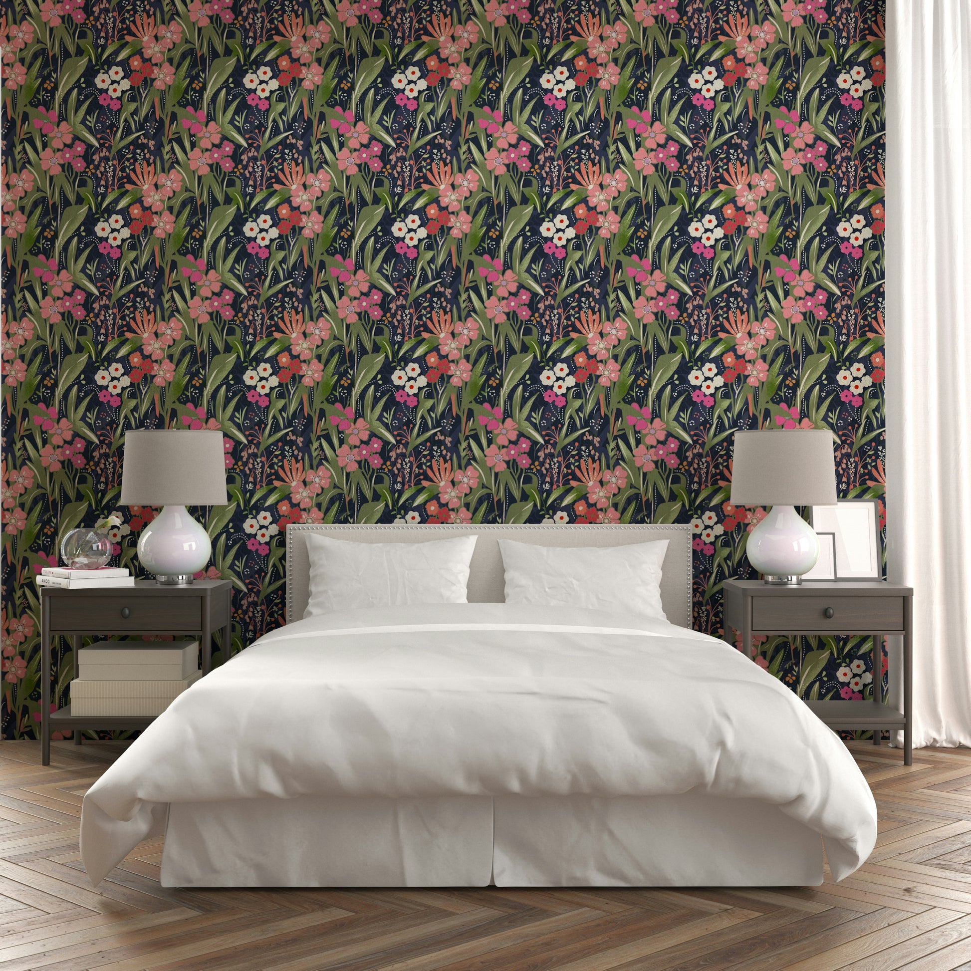 A peaceful dark floral mural on decorative wallpaper.

