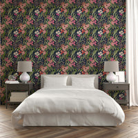 A peaceful dark floral mural on decorative wallpaper.

