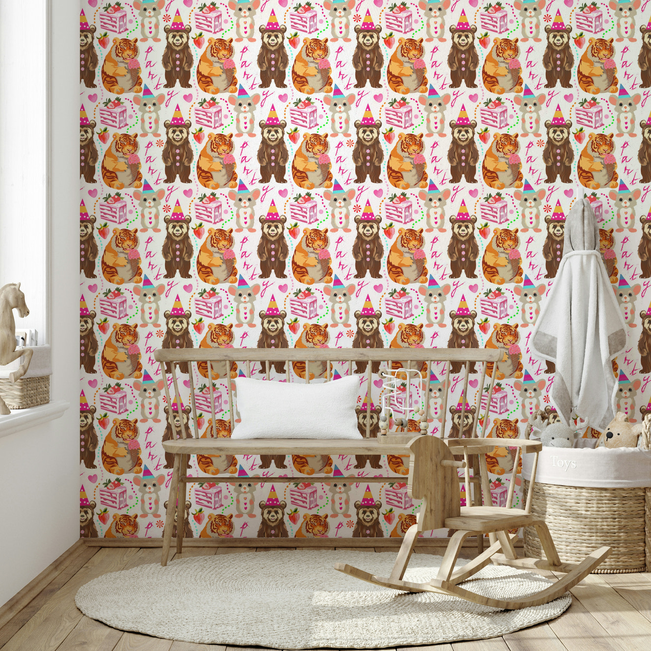 A festive party animal wallpaper mural for a child's room.

