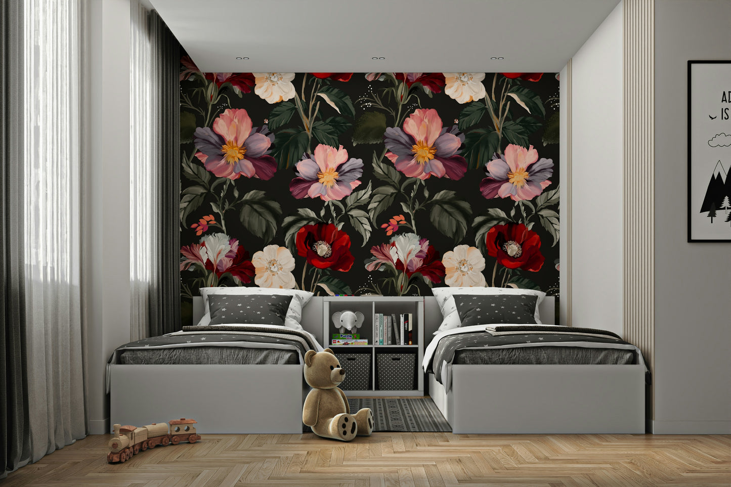 A graceful vintage flower wall mural in rich, dark tones.

