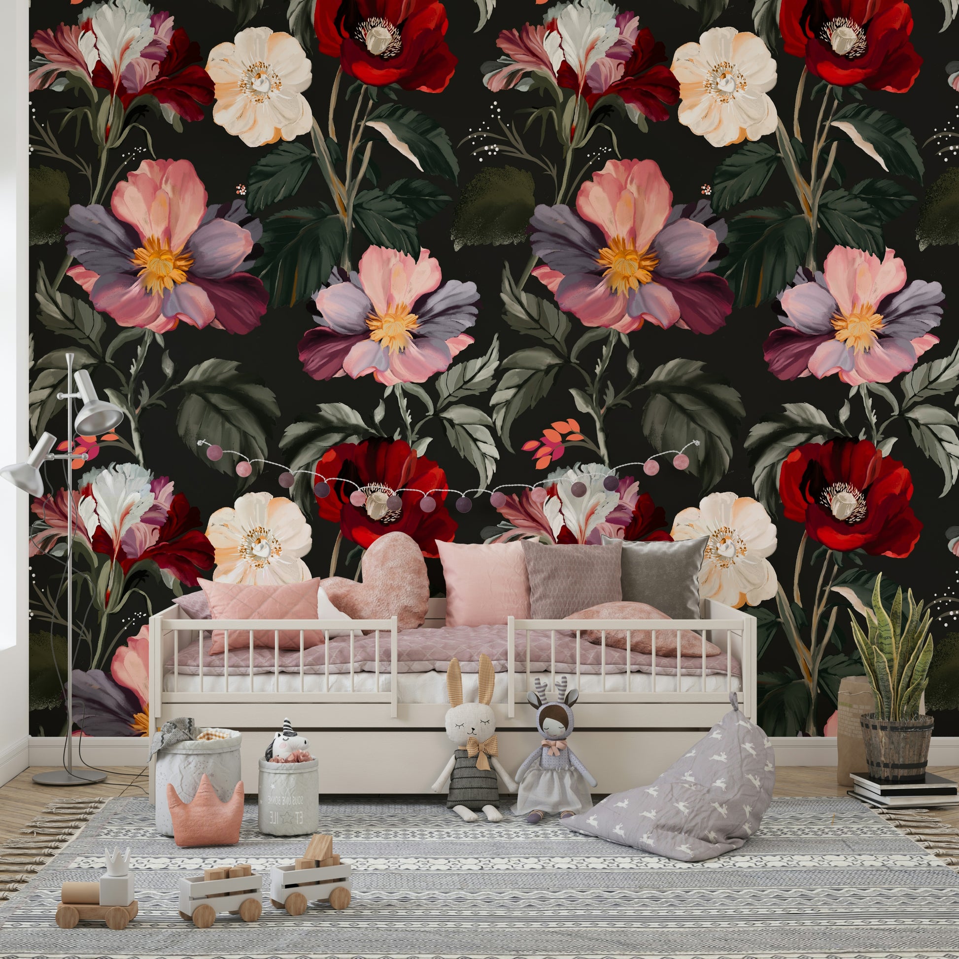 An artistic moody bloom mural on minimalist wallpaper.

