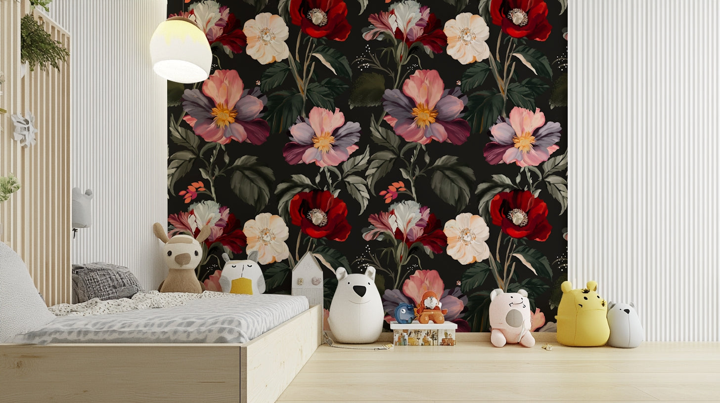 A contemplative dark floral wallpaper mural for a feature wall.

