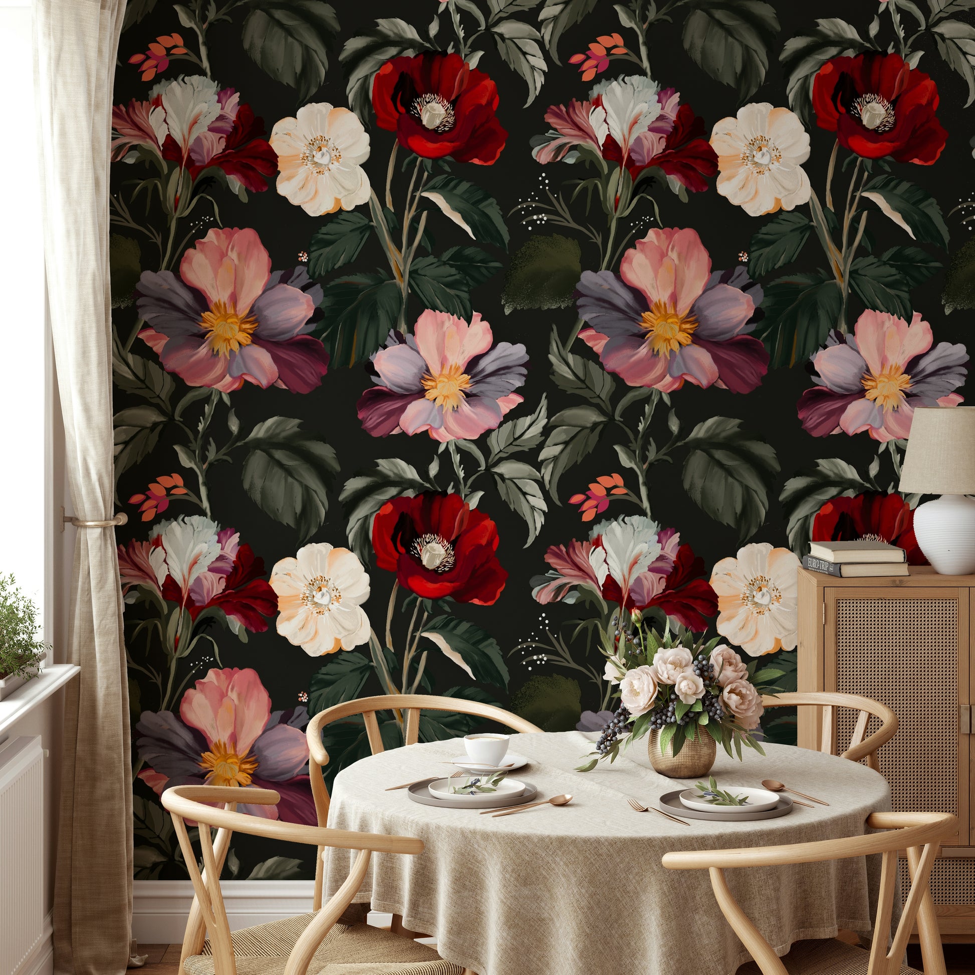 An artistic dark botanical mural for home decor.

