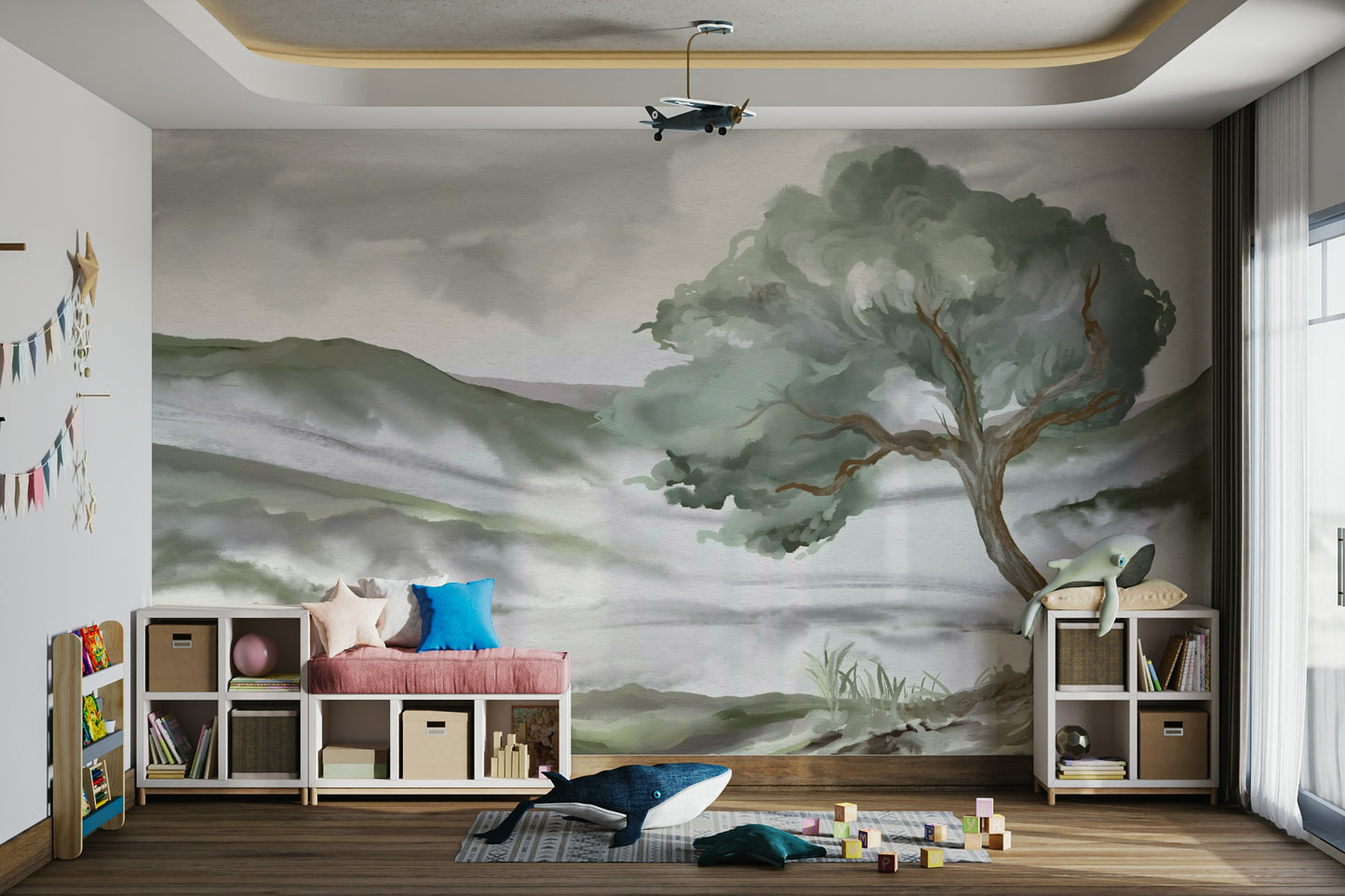 An artistic misty view mural on minimalist wallpaper.

