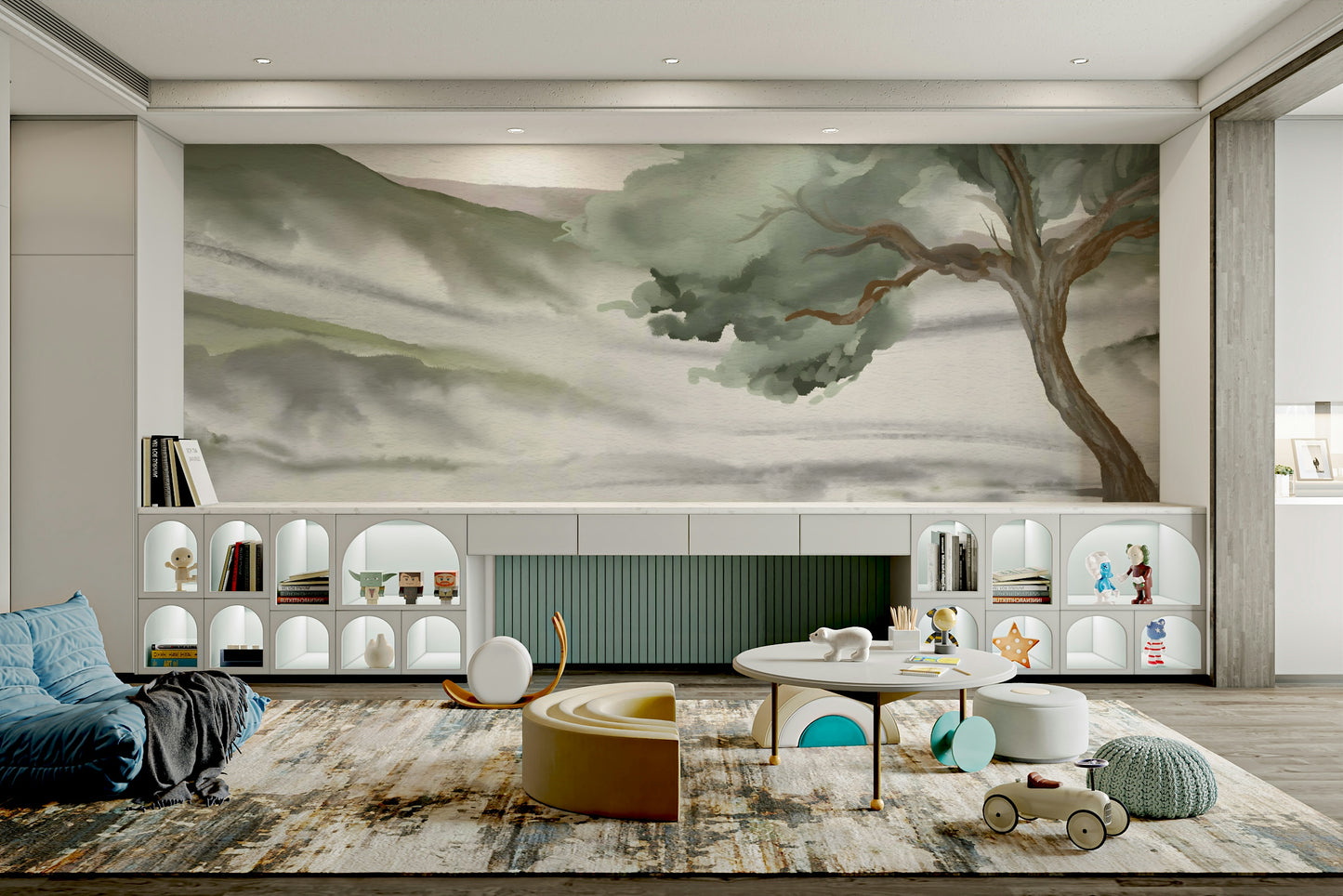 A graceful subtle landscape wall mural in cool, natural tones.

