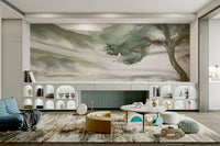 A graceful subtle landscape wall mural in cool, natural tones.

