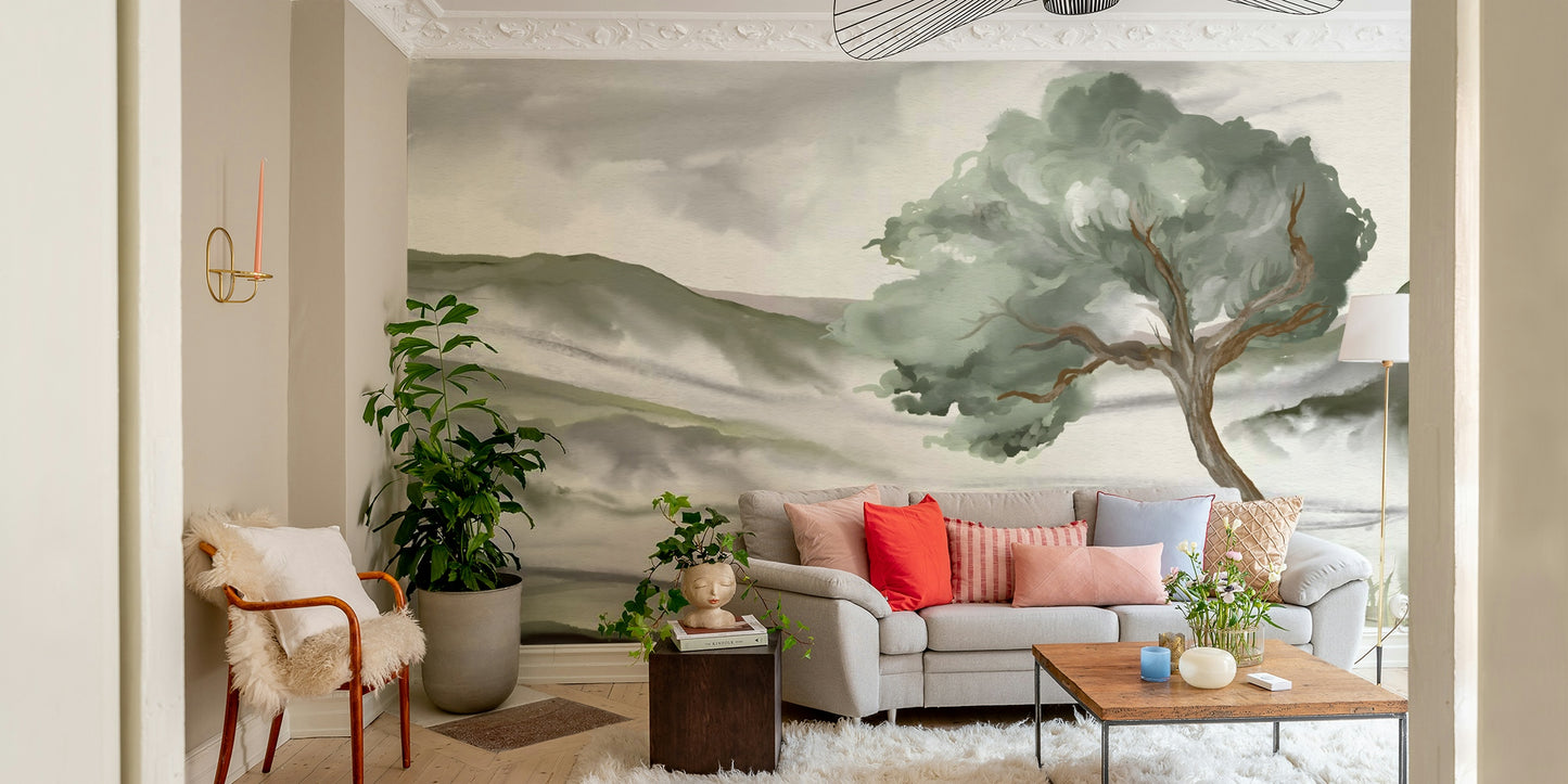 A contemplative foggy mountain wallpaper mural for a feature wall.

