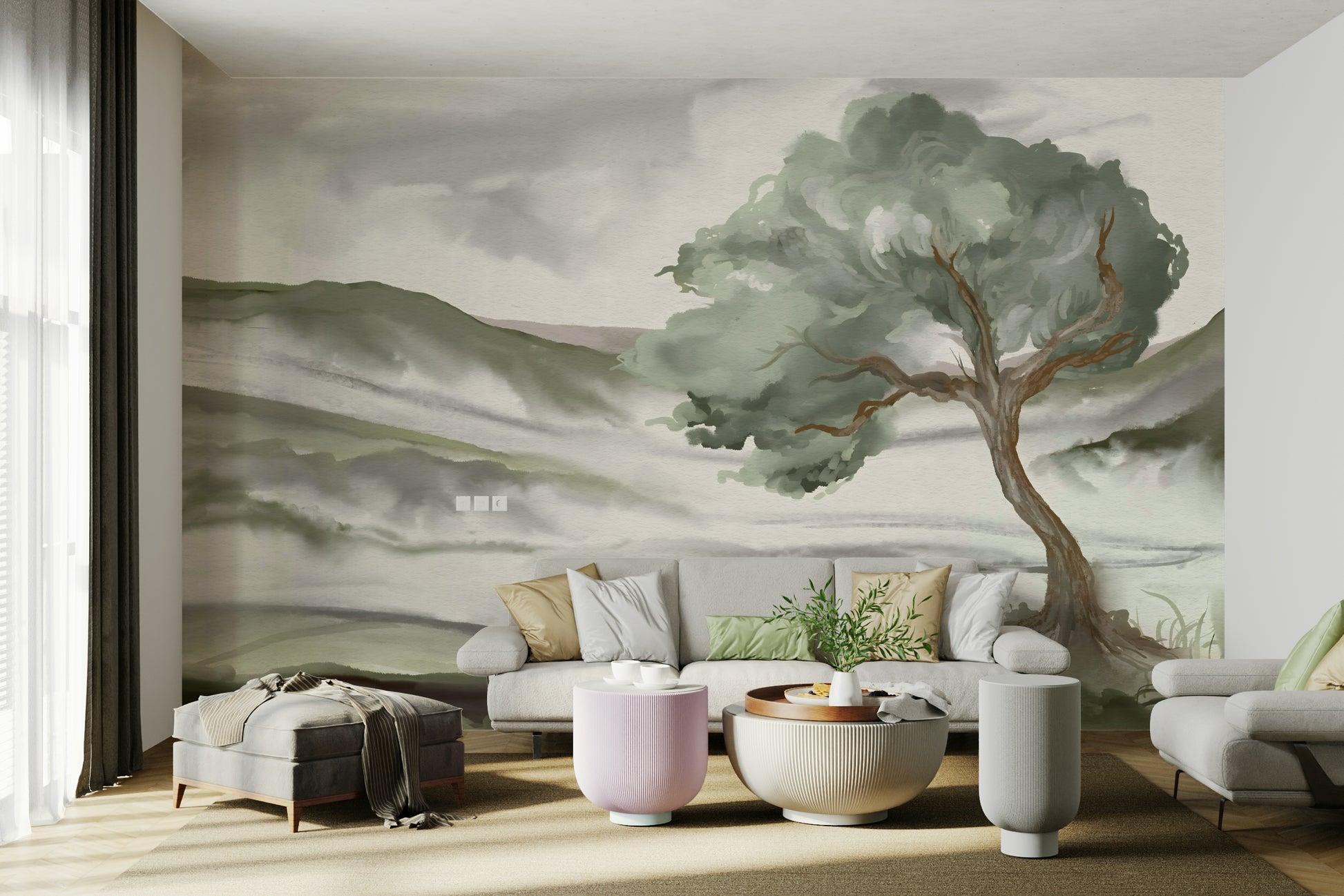 A peaceful rolling hills mural on decorative wallpaper.

