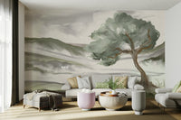 A peaceful rolling hills mural on decorative wallpaper.

