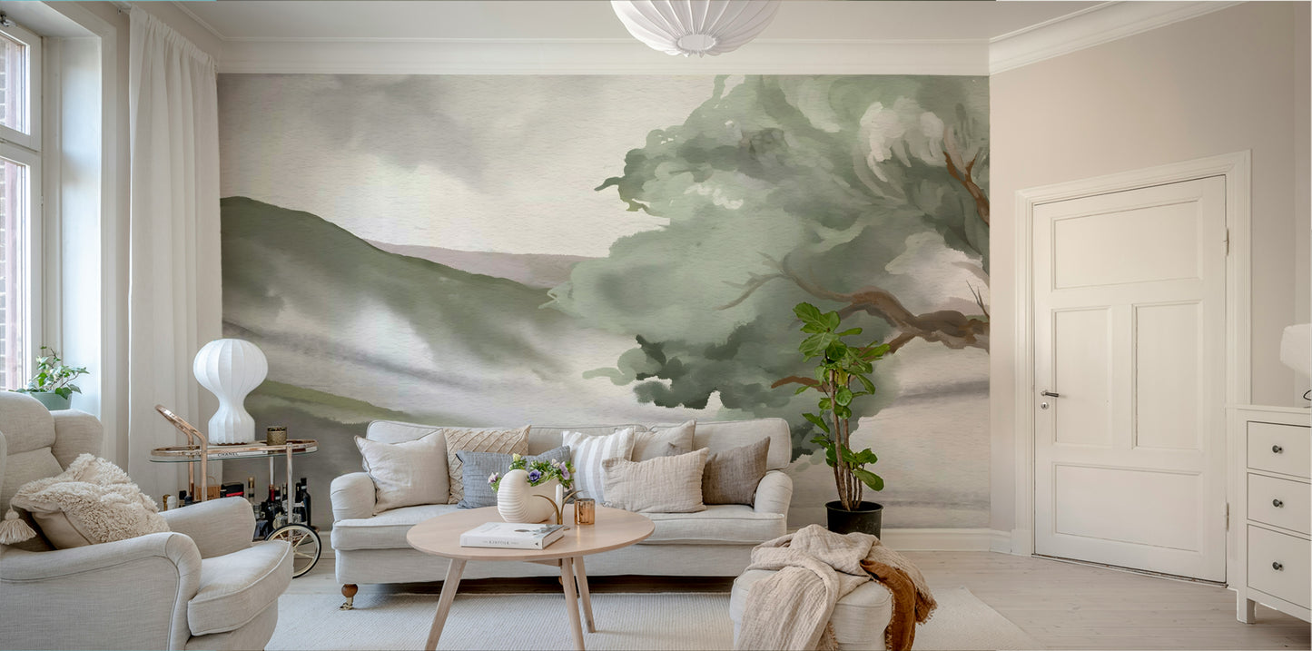 A beautiful wide-angle wall mural of the hills.

