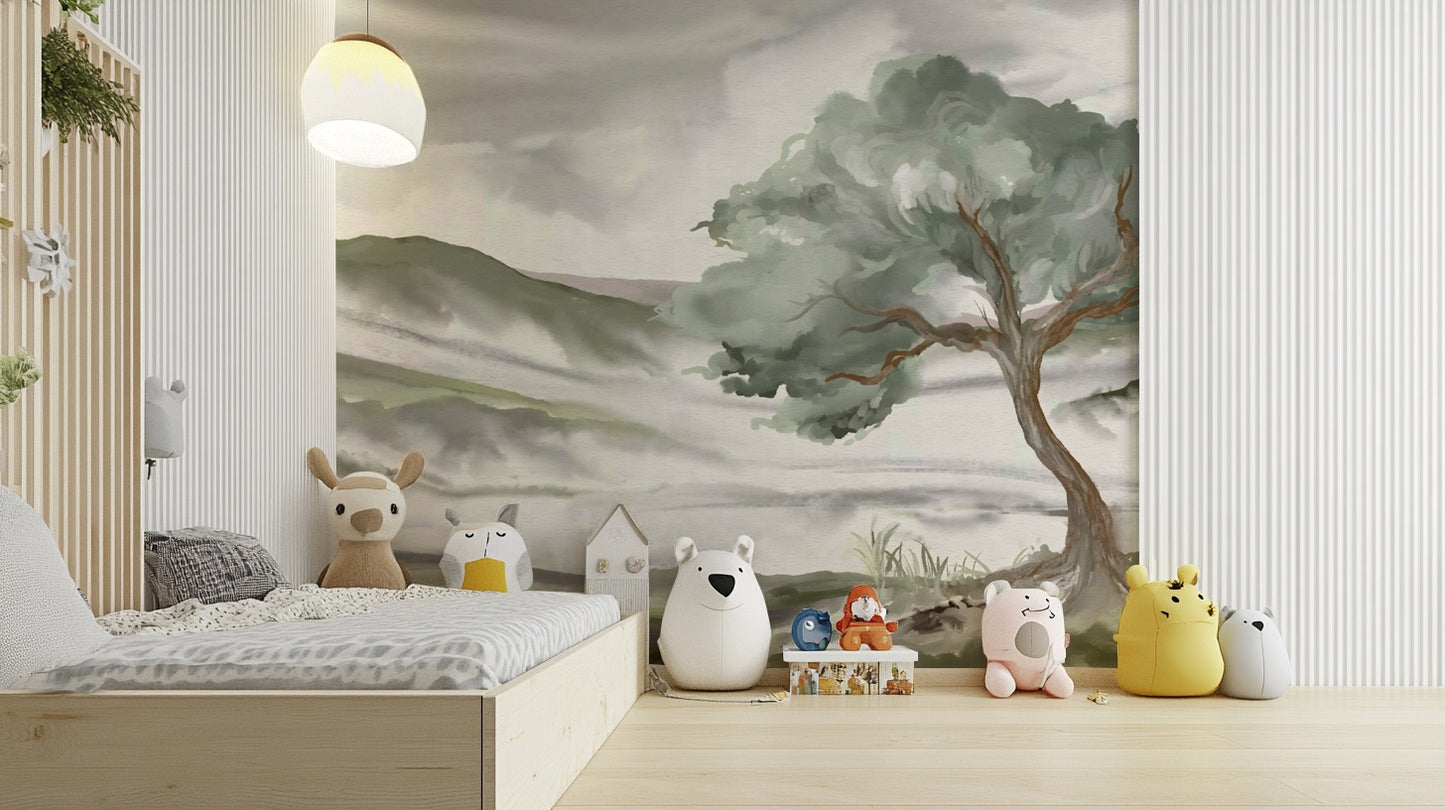 A calming misty mountain wallpaper mural that defines a space.

