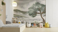 A calming misty mountain wallpaper mural that defines a space.

