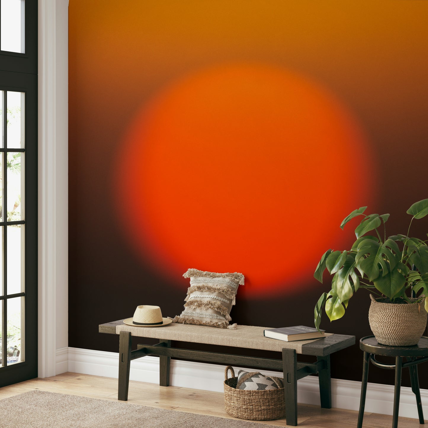 A peaceful color gradient mural on decorative wallpaper.

