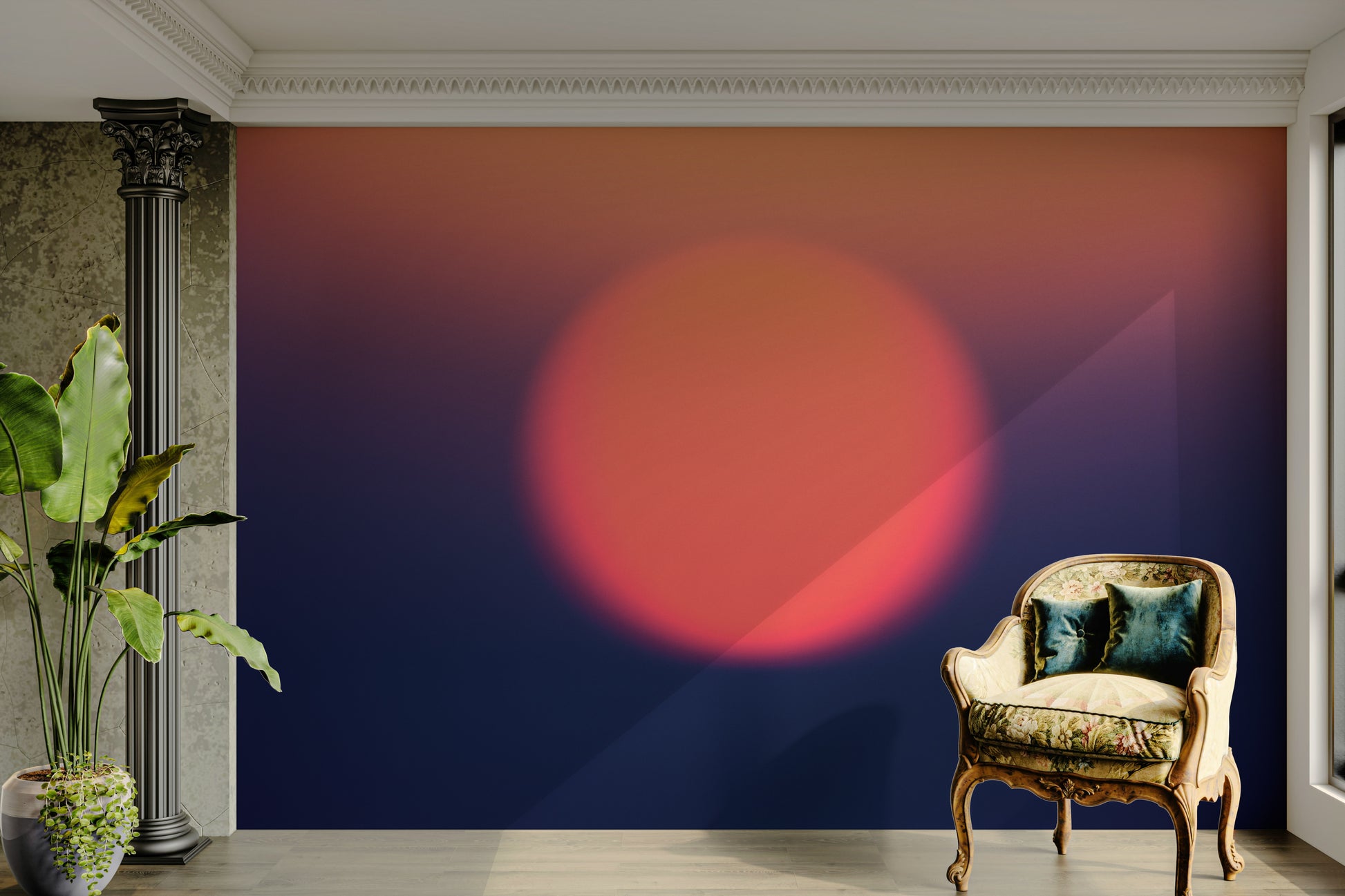 An artistic abstract sun mural on minimalist wallpaper.

